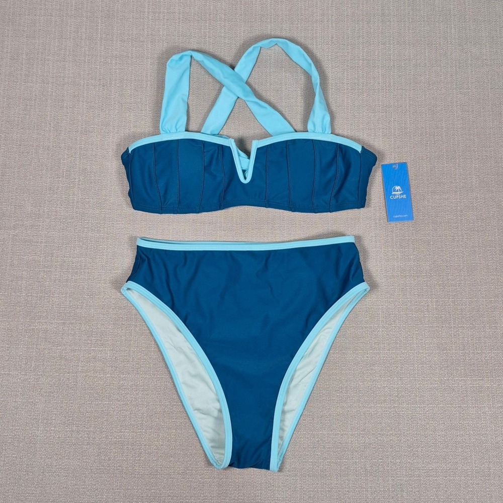 Cupshe‎ Womens High Waisted Bikini Set Teal Blue Sweetheart Neck Size S NWT